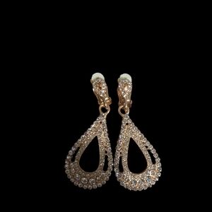 Gold Tone Clip On  Crystal Teardrop Dangle Earrings - Women Jewelry